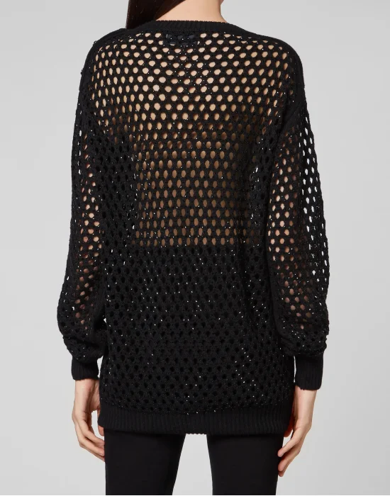 Cashmere 5 Pullover Round Neck LS Fishnet Crystal