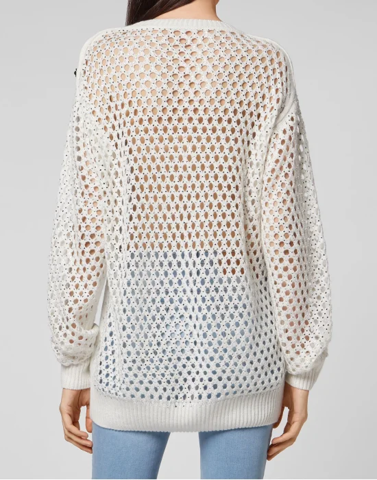 Cashmere 5 Pullover Round Neck LS Fishnet Crystal