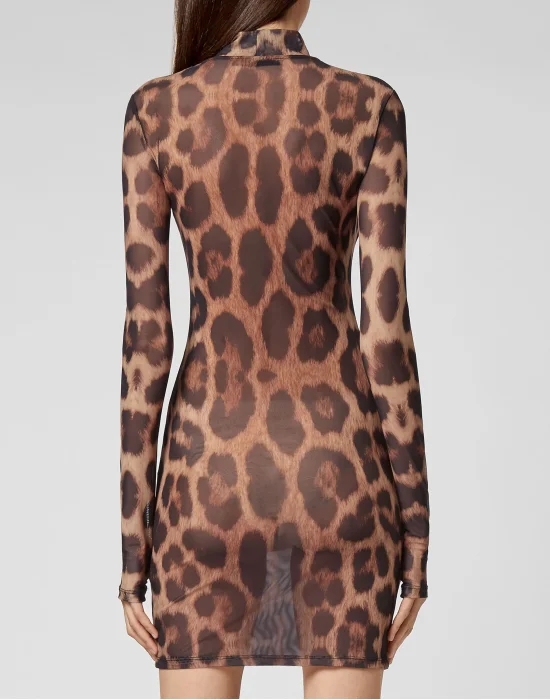 Short Dress Stretch Printed Tulle Leopard