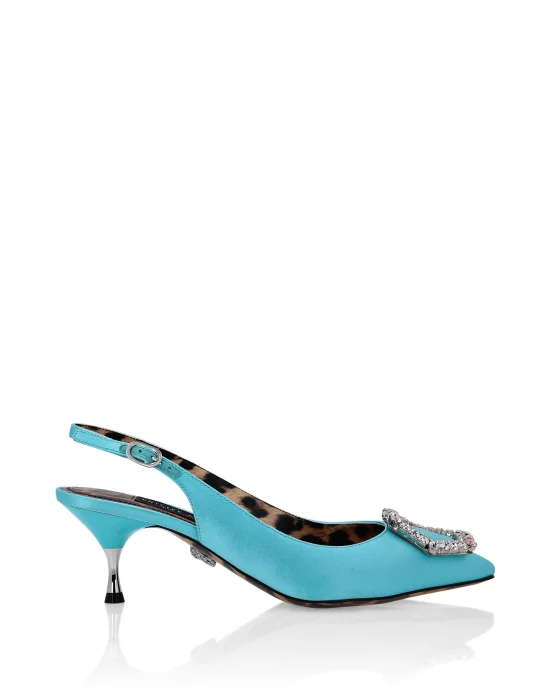 Satin Decollete Slingback Low Heels Crystal Hexagon