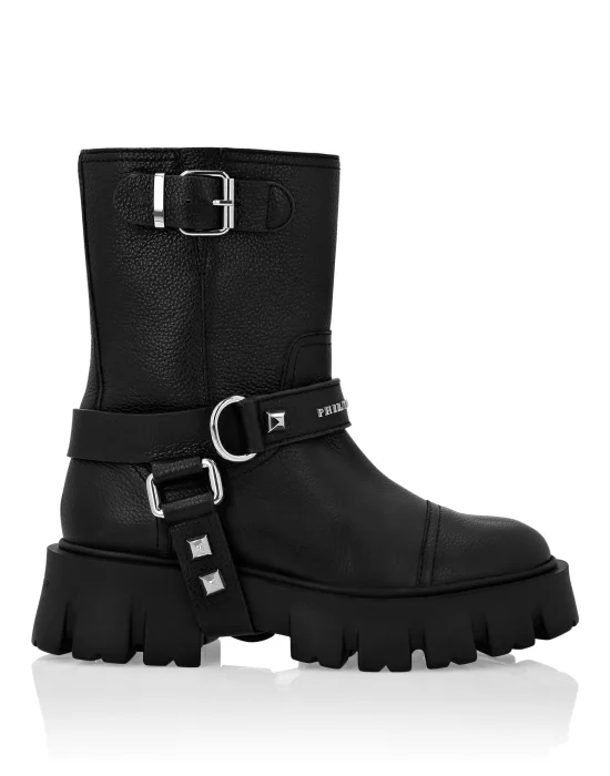 Leather Biker Boots Mid Flat Iconic Plein