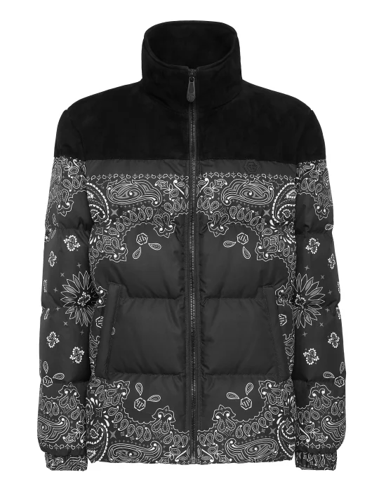 Nylon and Suede Down Jacket Paisley Bandana