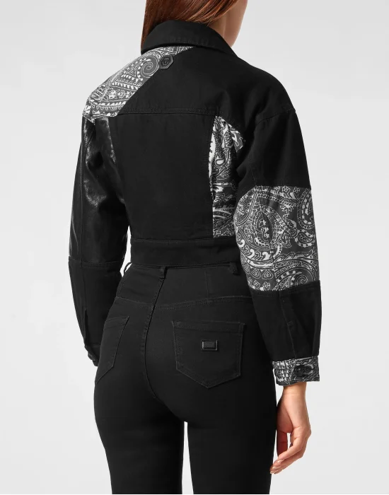 Denim Cropped Jacket Paisley Bandana Patchwork