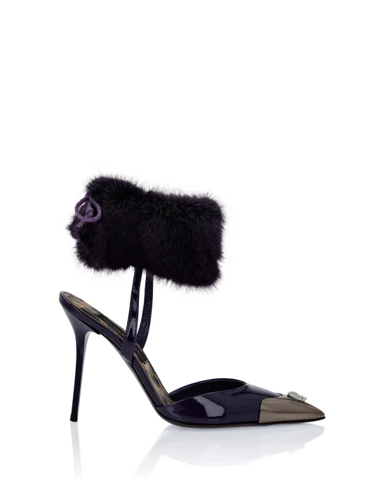 Patent Leather & Real Fur Decollete Mid-Heels Crystal Skull