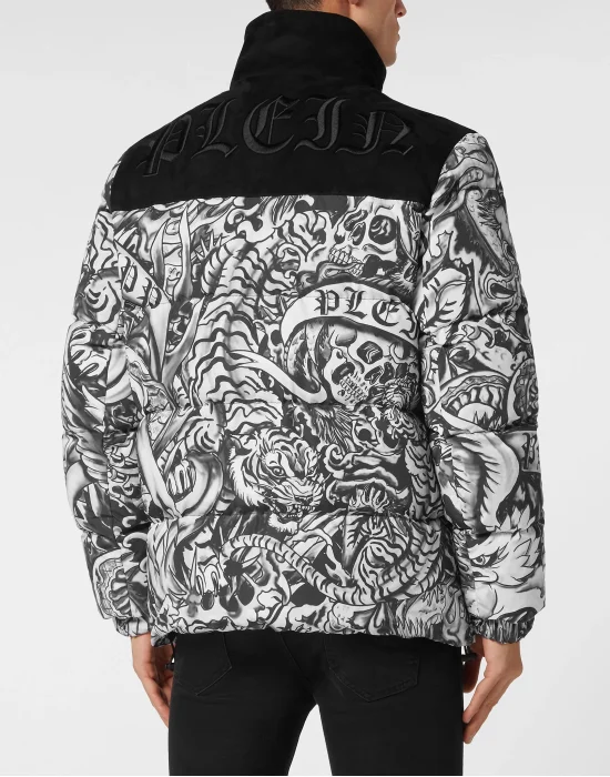 Nylon Puffer Jacket With Leather Inserts Tattoo