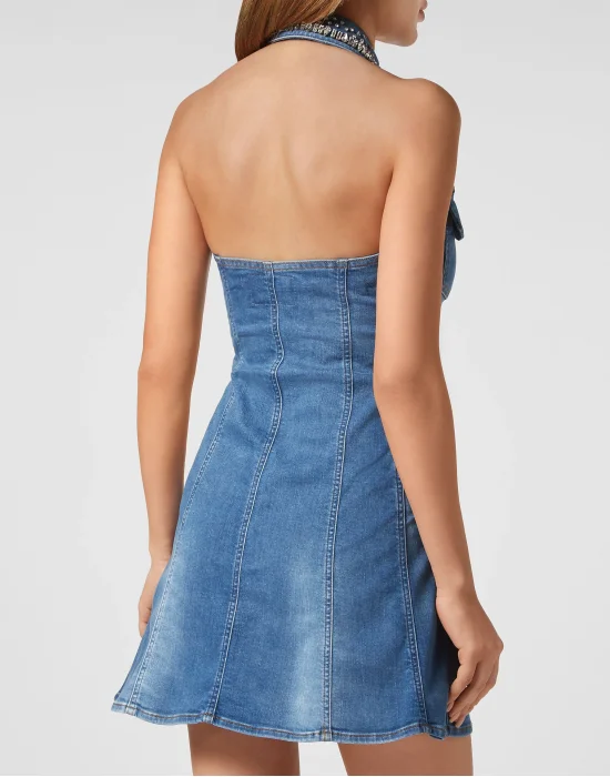 Crystal Collar Denim Mini Dress