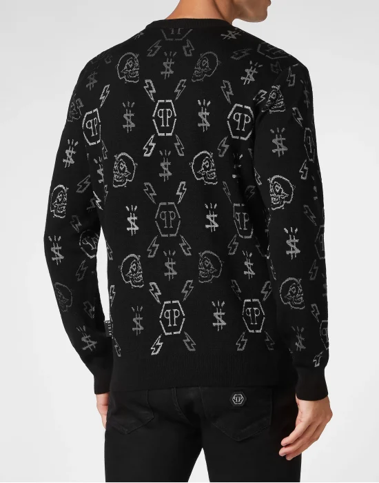Merino wool Pullover Round Neck LS Jacquard Monogram