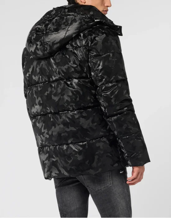 Oversize Shiny Nylon Puffer Jacket Camouflage