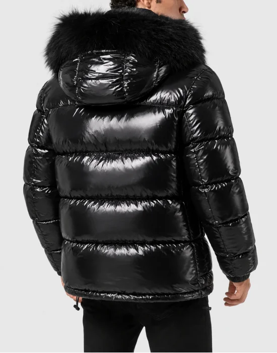 Shiny Nylon Puffer Jacket Fox Fur