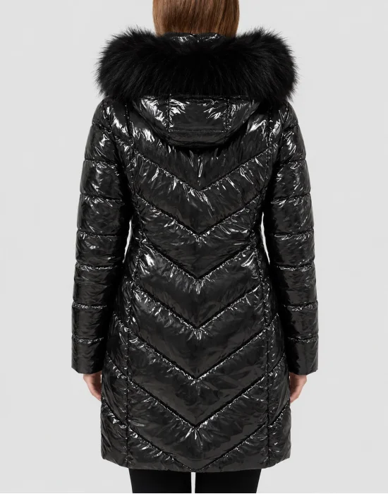 Shiny Nylon Padded Long Jacket Fox Fur