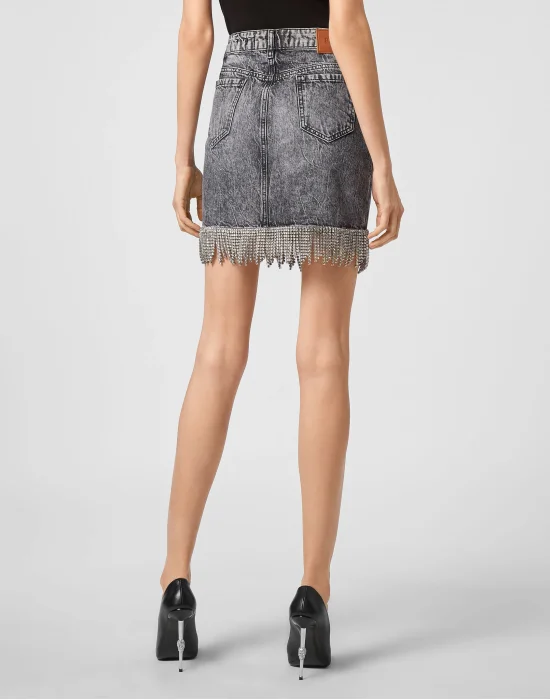 Denim Skirt Crystal Fringe
