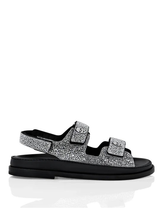 Suede Sandals Flat Crystal
