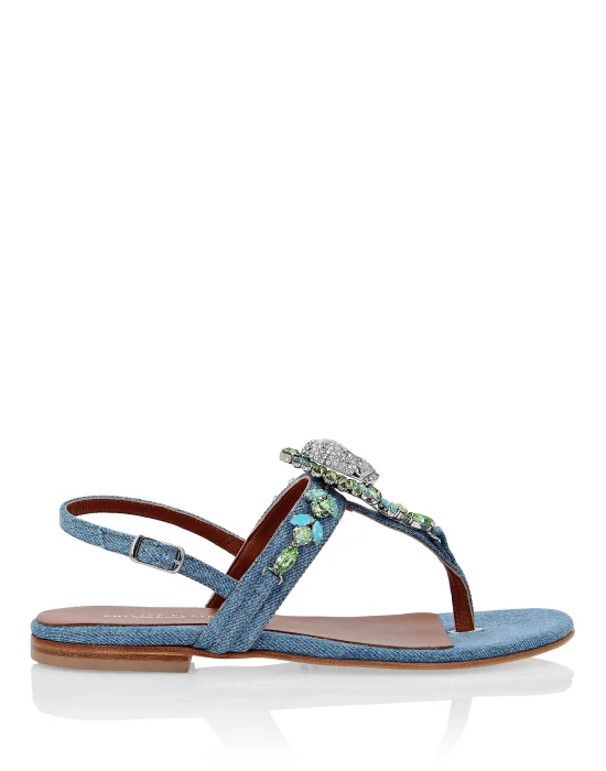 Denim Sandals Flat Crystal