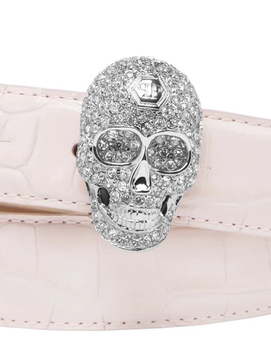 Leather Crocco Print Belt Crystal Skull with Crystals