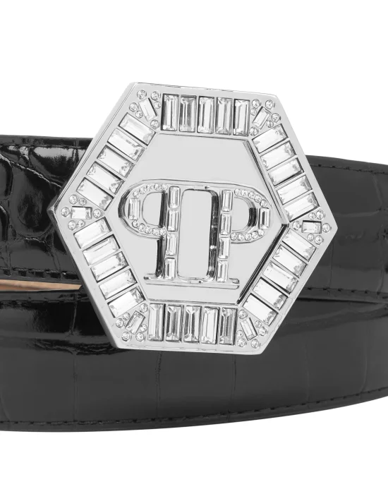 Leather Cocco Print  Belt Hexagon with Crystals