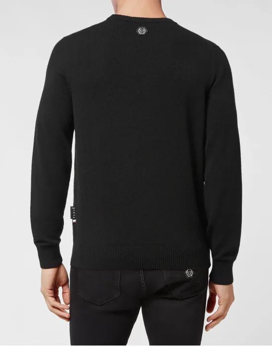 Cashmere Pullover Round Neck LS Iconic Plein with Crystals
