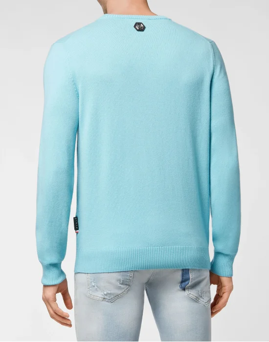 Cashmere Pullover Round Neck LS Iconic Plein with Crystals