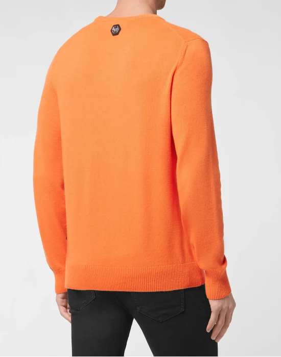 Cashmere Pullover Round Neck LS Iconic Plein with Crystals