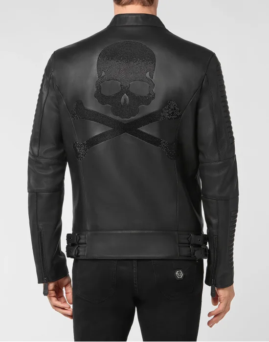Leather Biker Jacket Crystal Skull
