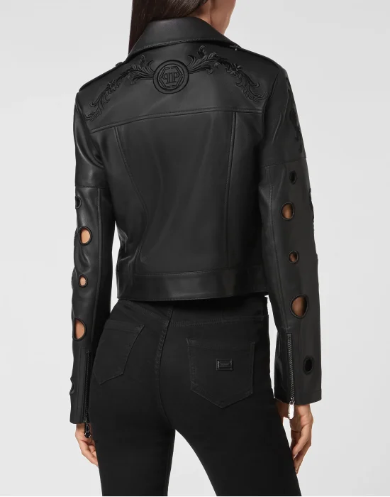 Crop Leather Biker Jacket Baroque