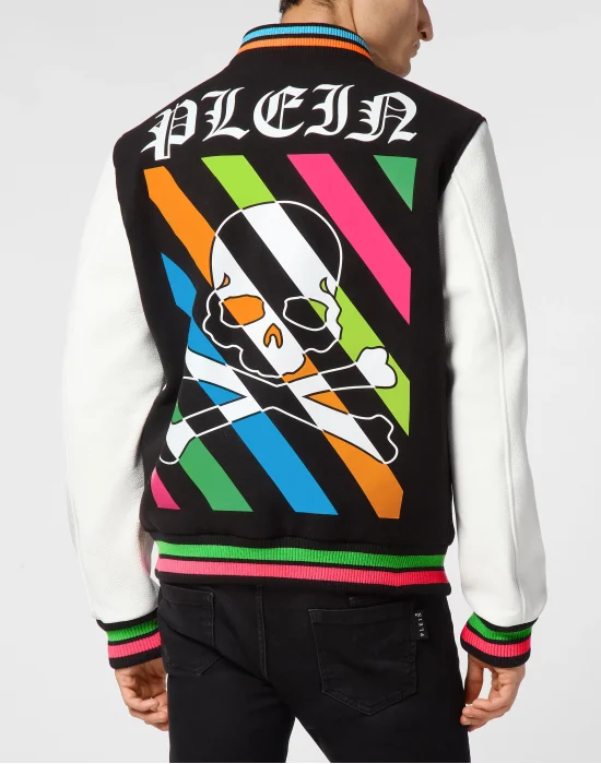 Woolen Cloth College Bomber with Leather Arms Rainbow Stripes