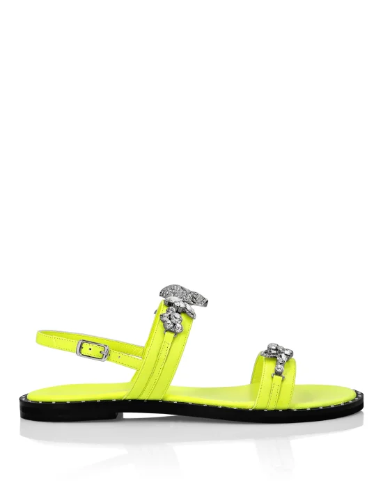 Leather Sandals Flat Crystal