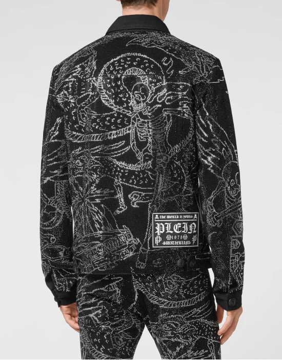 Denim Jacket Skeleton tattoo with Crystals