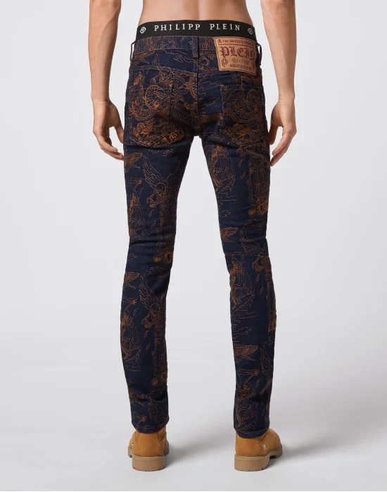 Denim Trousers Super Straight Cut Skeleton tattoo
