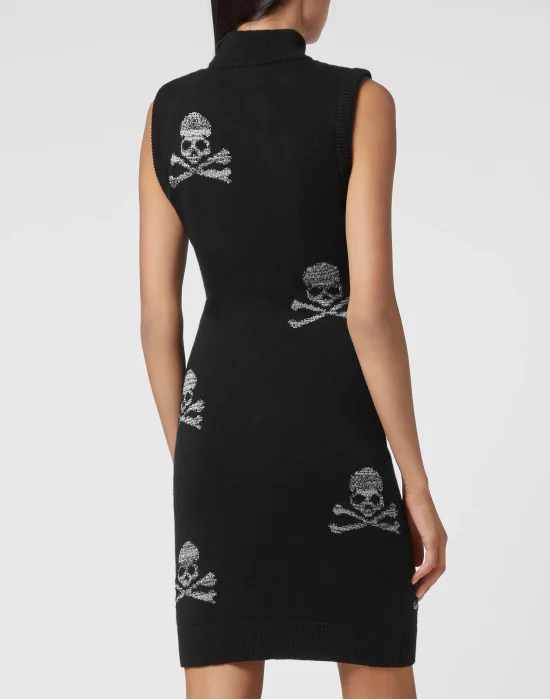 Wool Blend Knit Dress Sleevless Crystal Skull