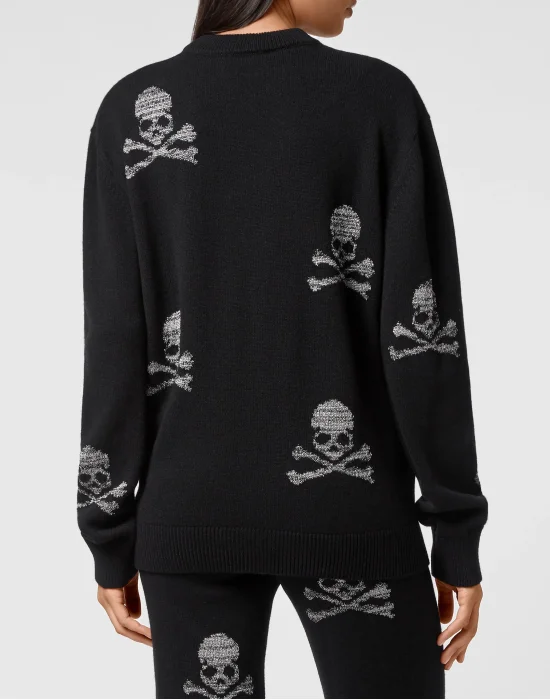 Wool Blend Pullover Round Neck LS Crystal Skull