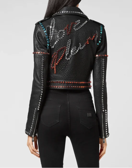 Leather Biker Cropped Crystal Stones with Crystals