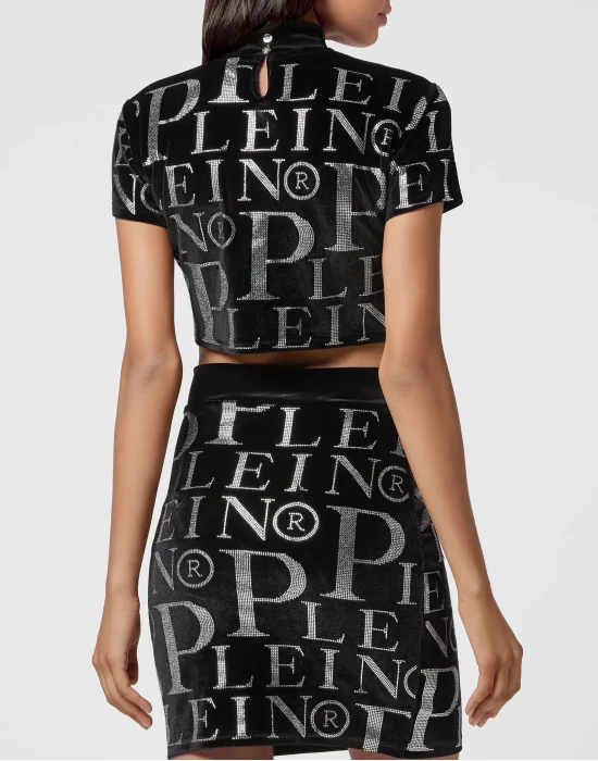 Velvet T-shirt Round Neck SS Crop Stones All over PP with Crystals