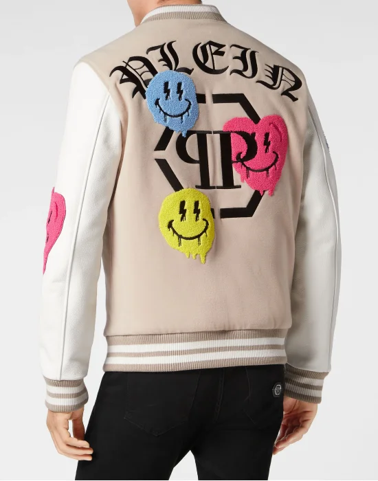 Woolen Cloth College Bomber with Leather Arms Smile