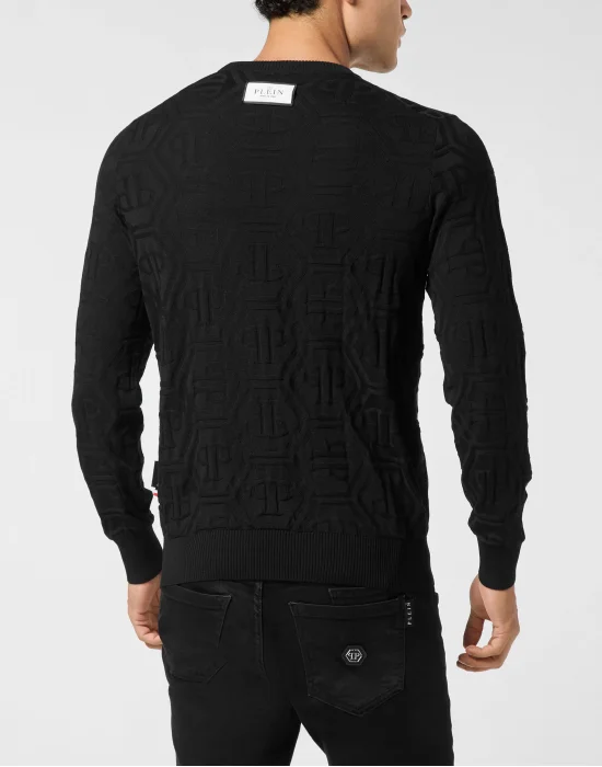 Jacquard Silk Wool Pullover Round Neck LS Monogram
