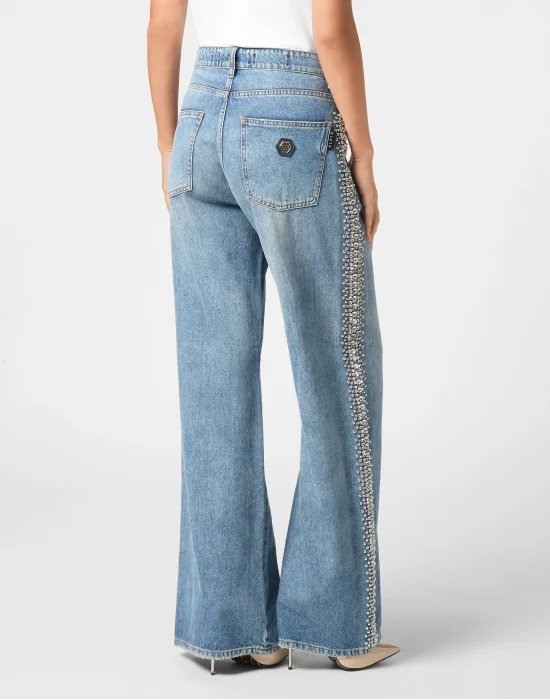 Denim Skater Fit Trousers Rib Strass