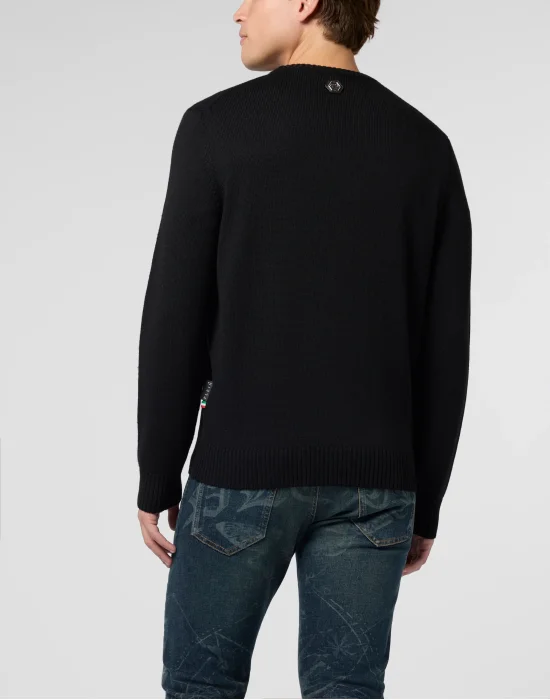 Embroidered Merino Wool Round Neck Pullover Hexagon Dragon
