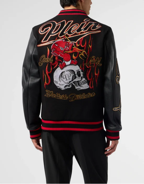 Varsity Bomber with Leather Sleeves Devil Skull