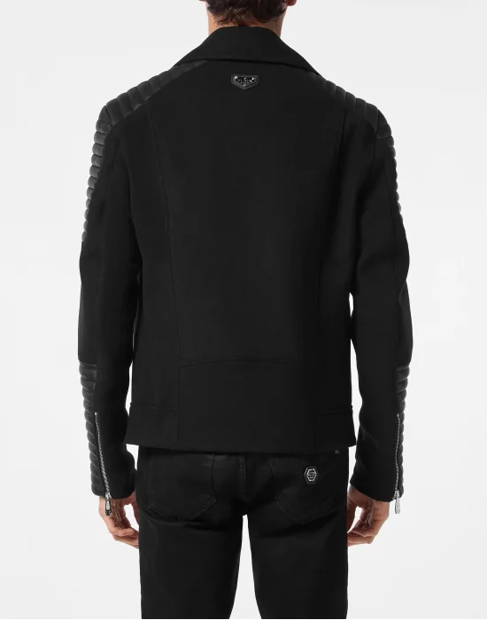 Wool Biker Jacket with Leather Inserts