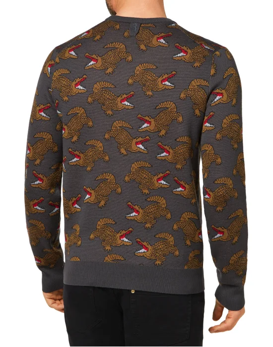Merino wool Pullover Round Neck LS Jacquard Crocodile